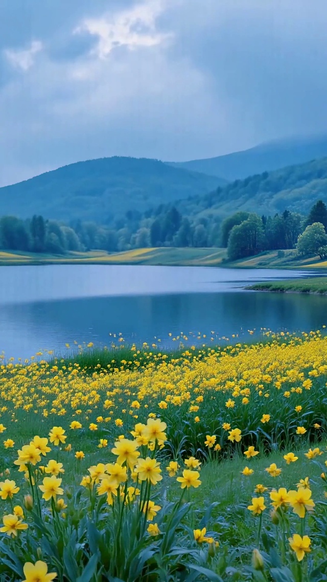 静谧湖畔黄花山野风景