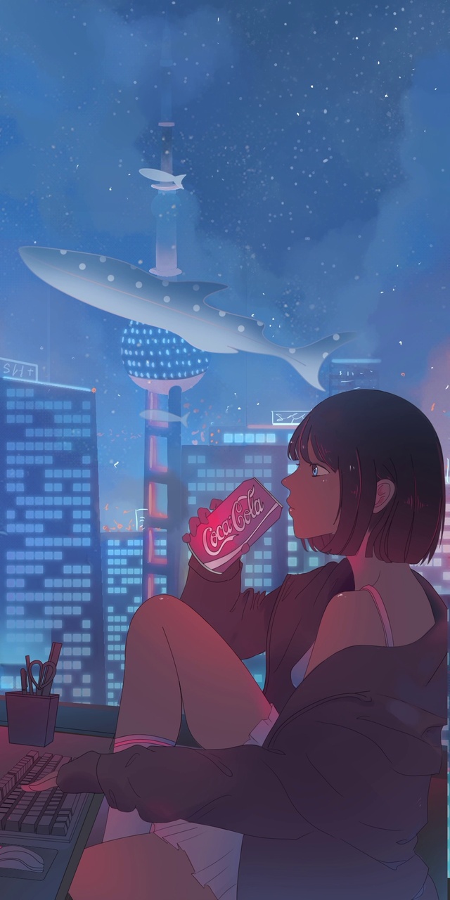 城市夜景床窗边少女