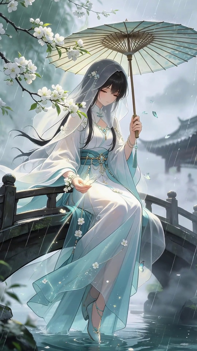 古风雨天撑伞女孩