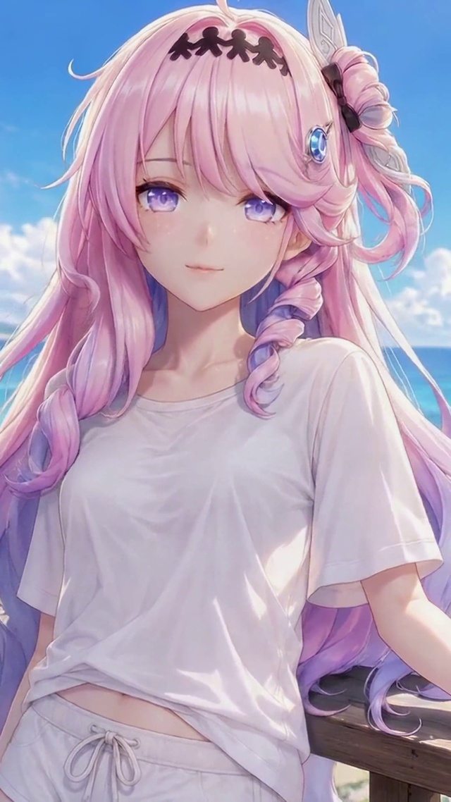 夏日海边粉发二次元少女