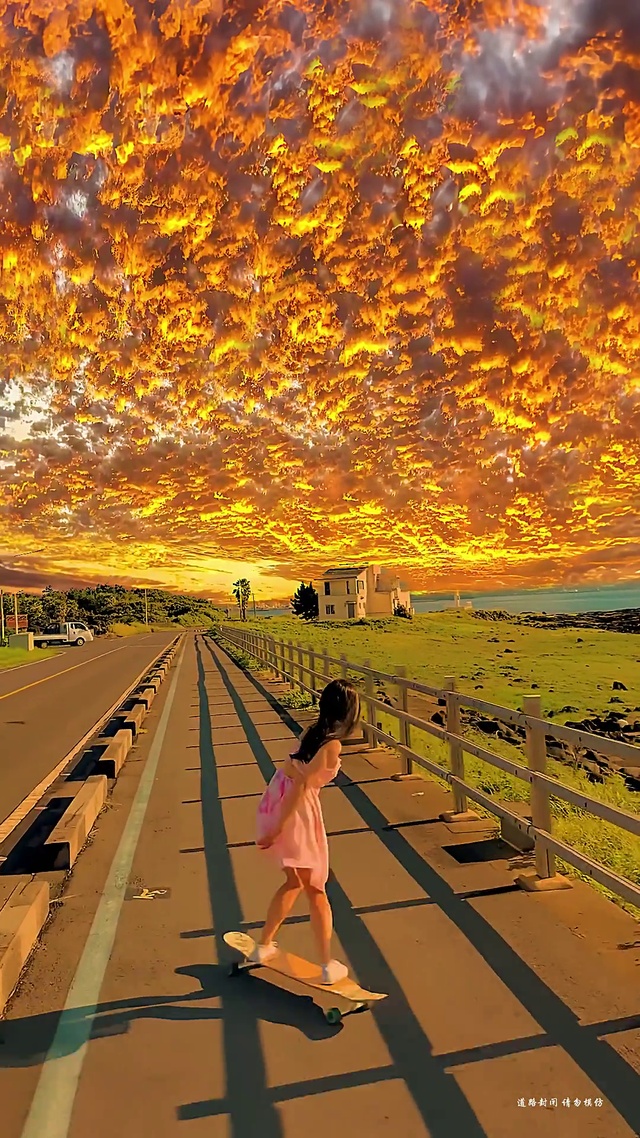滑板女孩治愈系晚霞