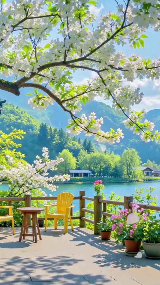 湖畔露台的春日樱花