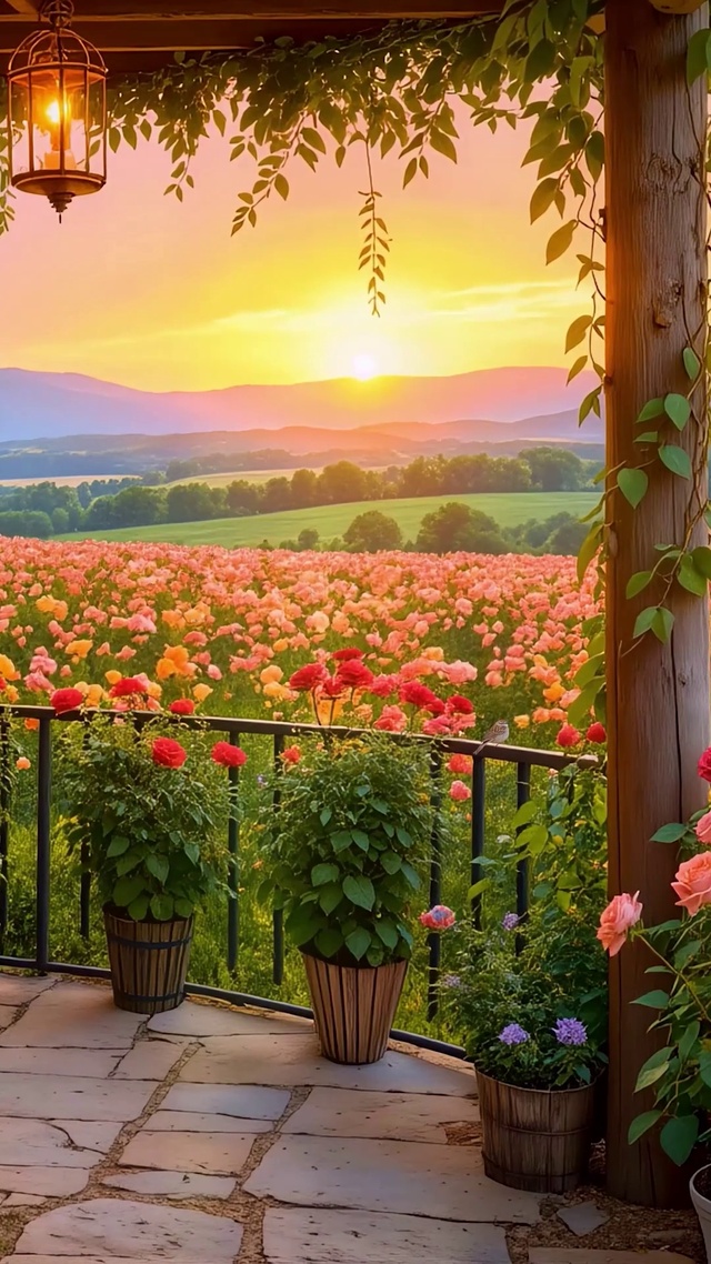 清晨日出花海小屋