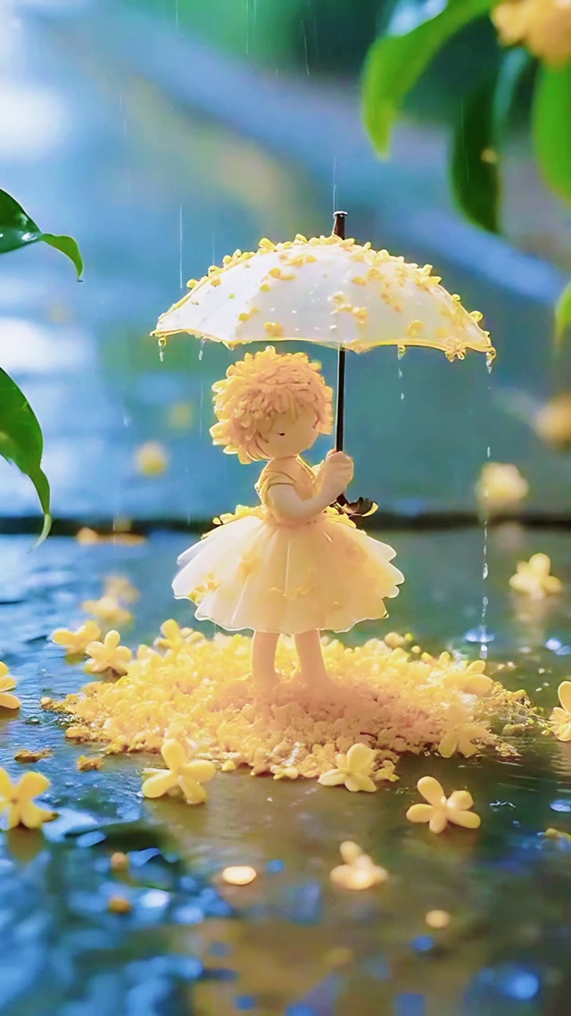 雨中打伞的桂花精灵