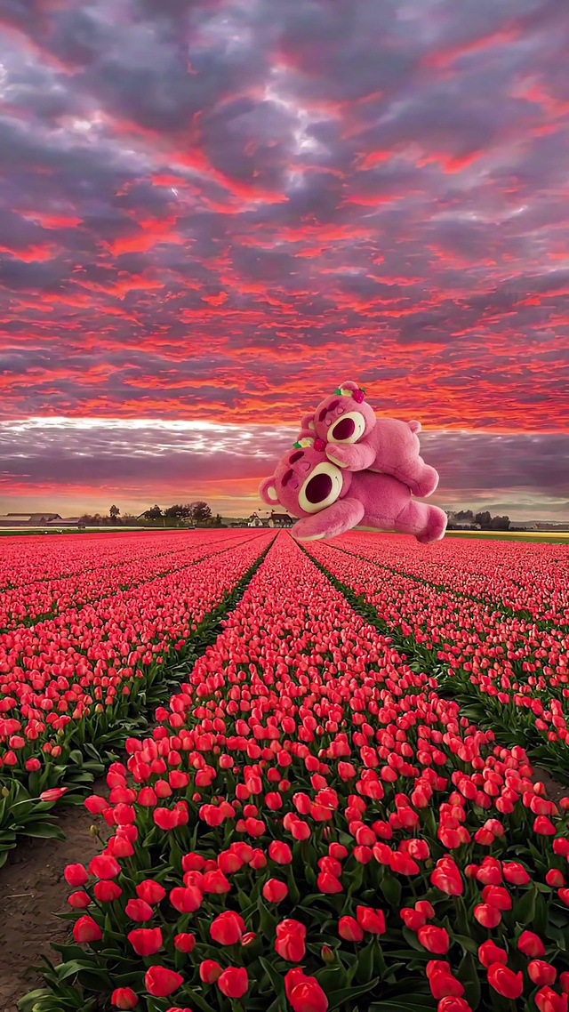 唯美晚霞郁金香草莓熊