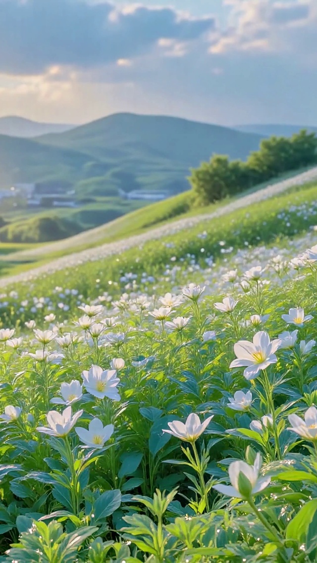 白色花田晨光山野风景