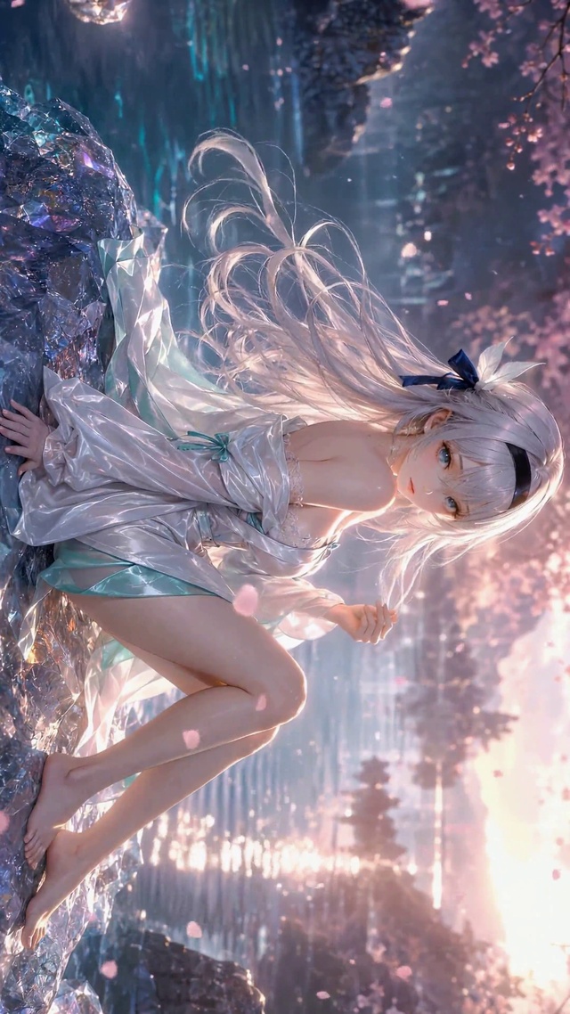 樱花湖畔白发少女