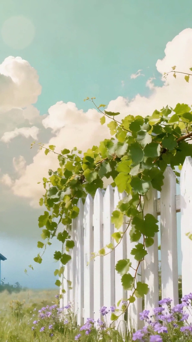 郊外蓝天白云草地小屋藤曼花朵