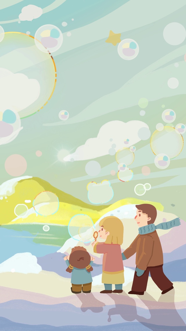 【冬天吹泡泡的一家人】