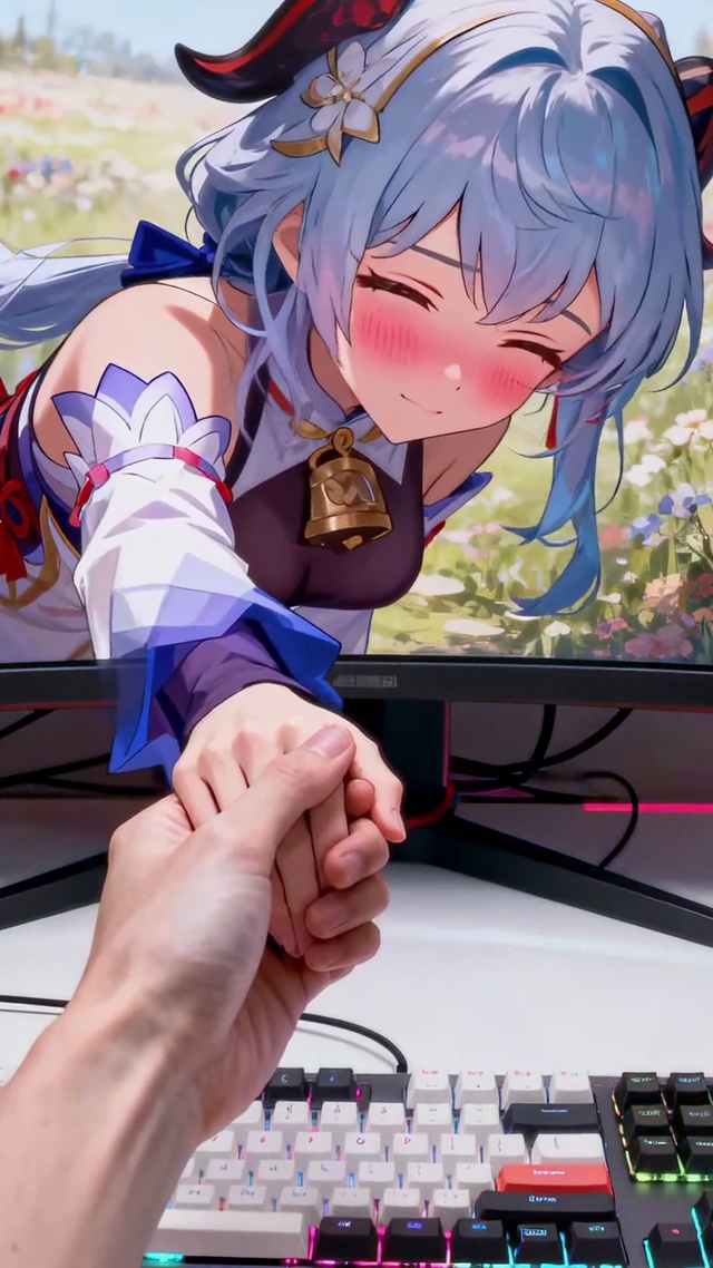 蓝发黑丝甘雨穿越屏幕与主人互动