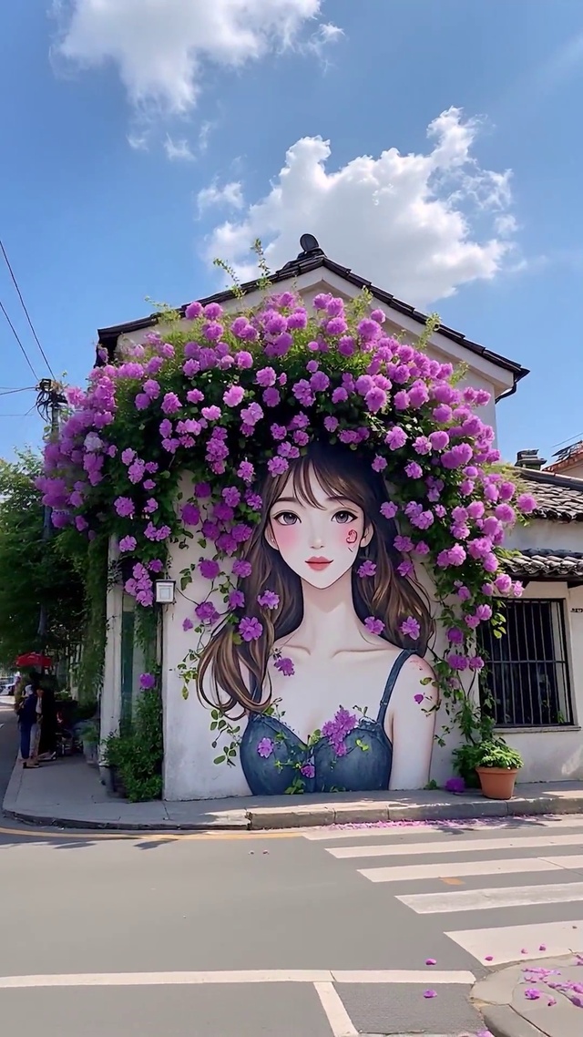 都市女孩花朵墙绘