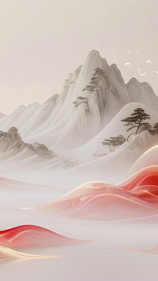红色国风水墨山水
