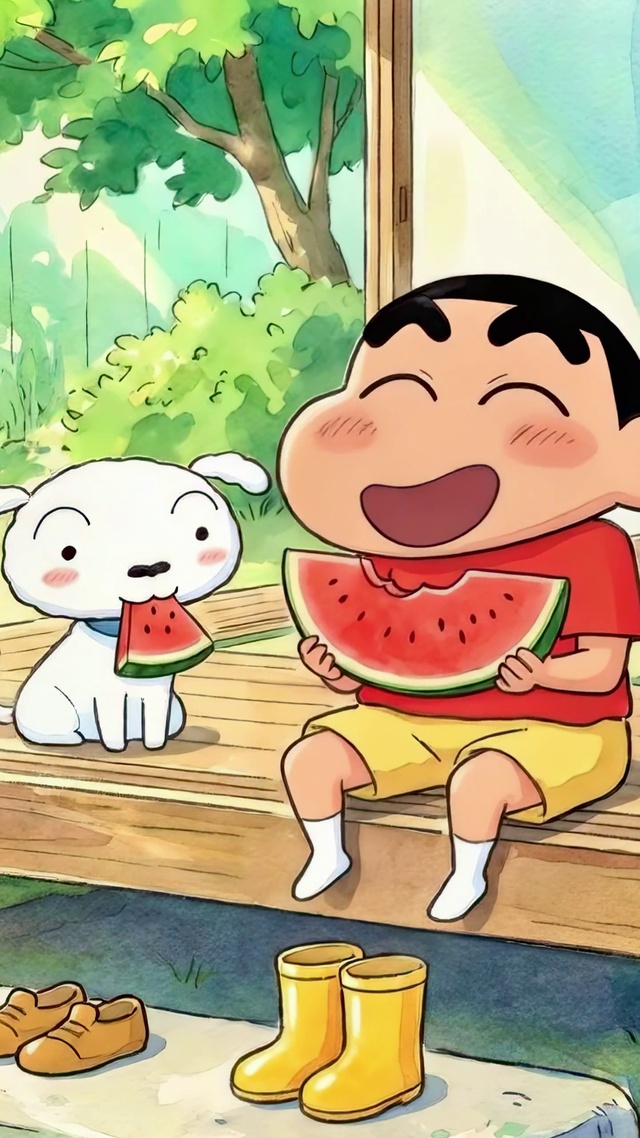 夏日吃西瓜的快乐小新和小白