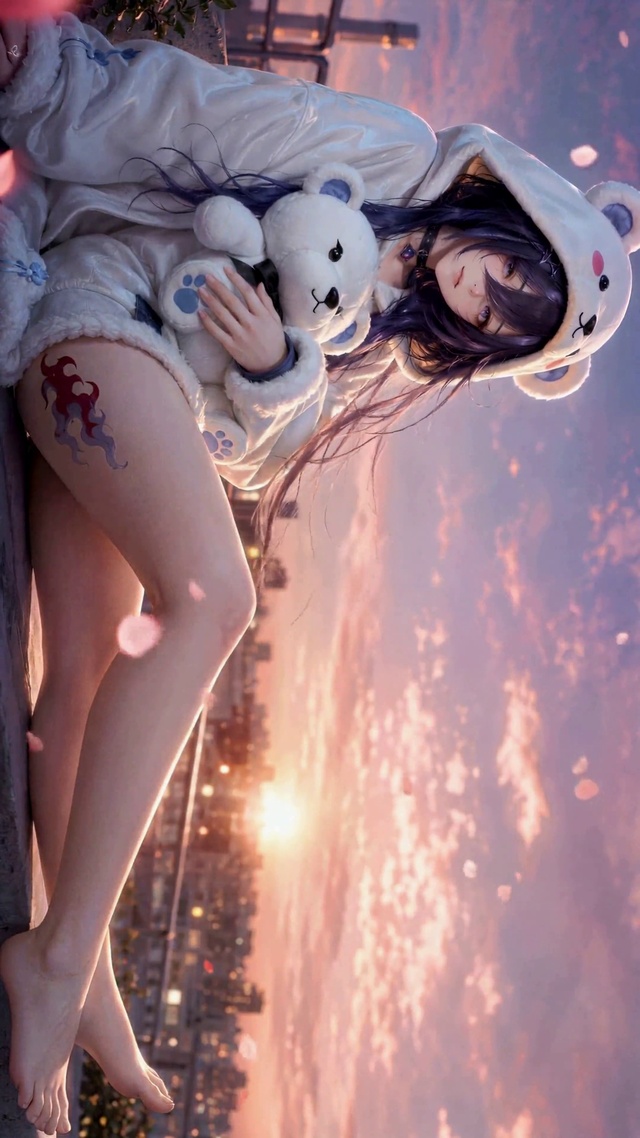 落日天台小熊紫发美少女