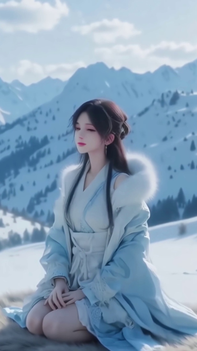 雪山之巅迎风少女