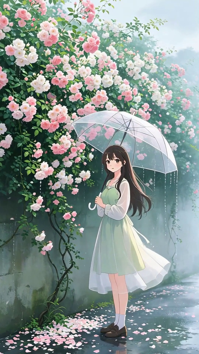 雨中赏花女孩