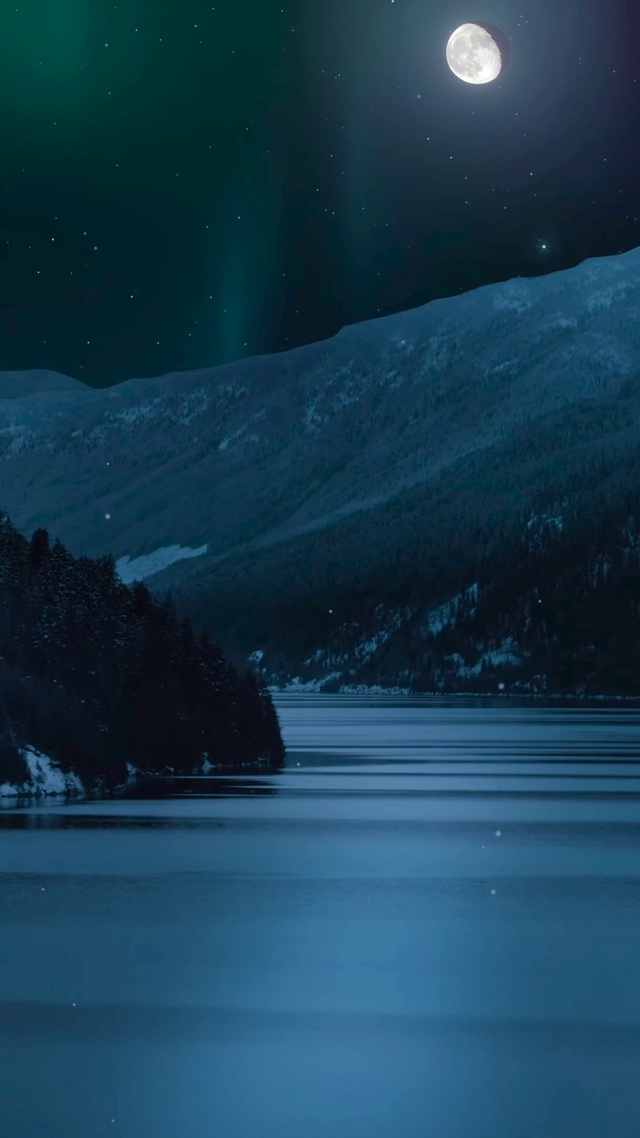 静谧月夜极光雪山湖