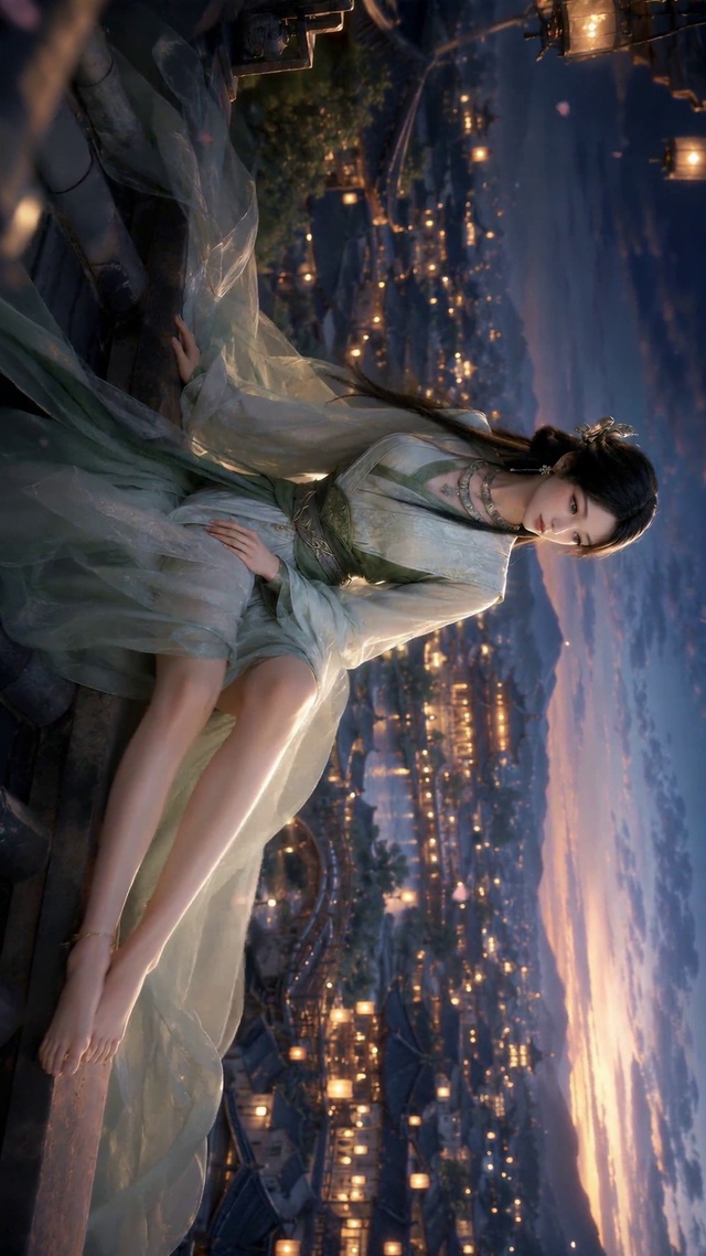 古风汉服美女古城夜景