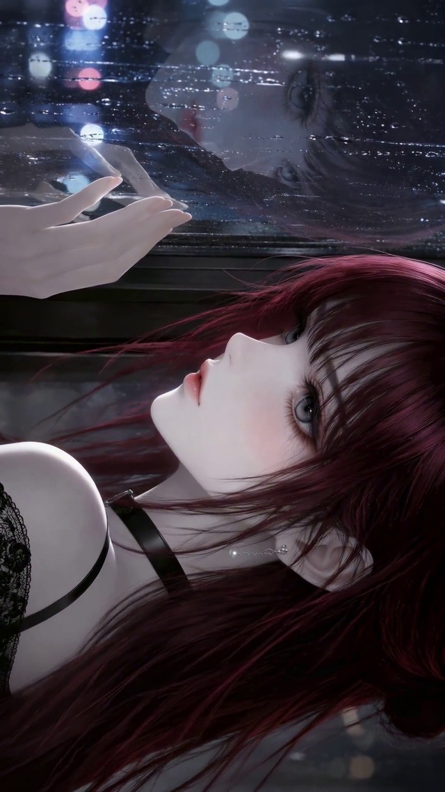 雨夜窗边红发美少女