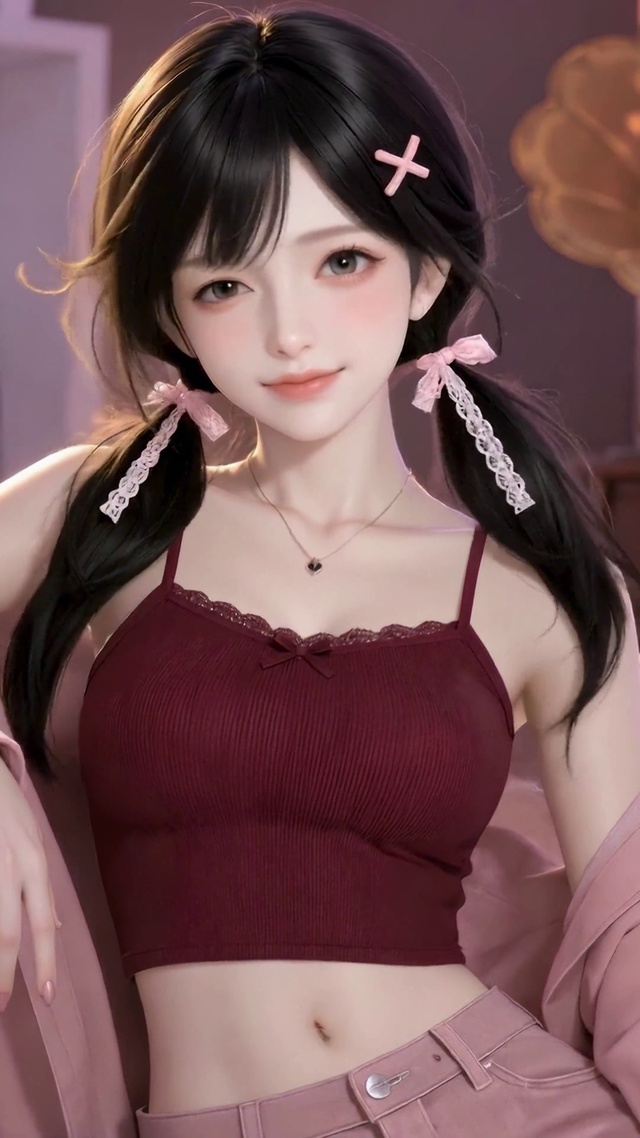粉色卧室俏皮眨眼美少女