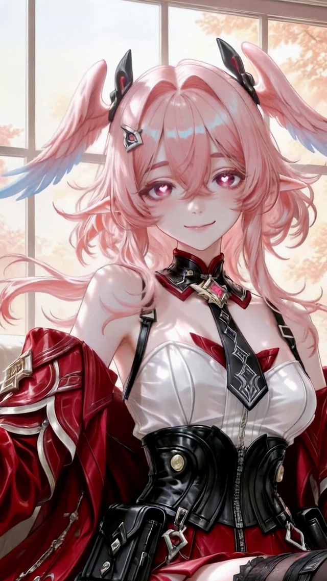 窗边粉发二次元美少女莉奈娅