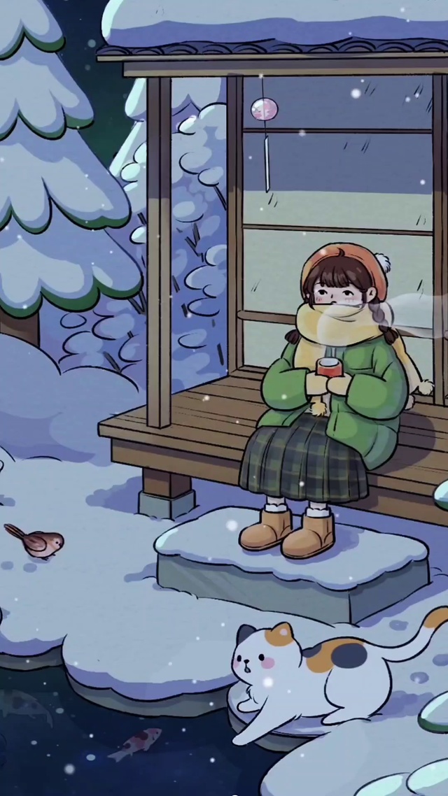 冬日里的少女和猫