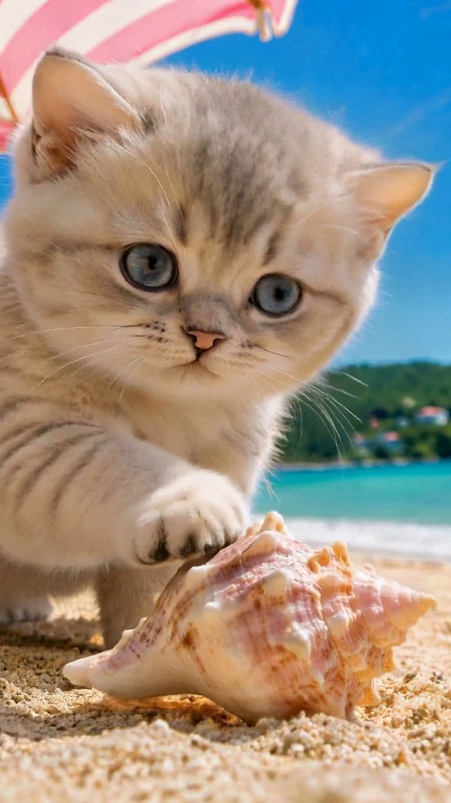 夏日沙滩可爱萌小猫