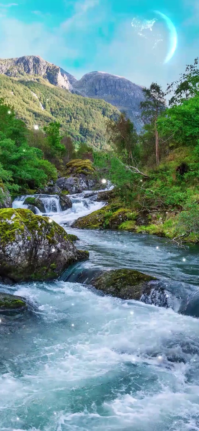 护眼蓝天白云河流森林