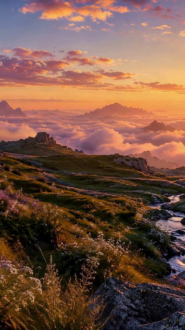 日出山间云海溪流风景