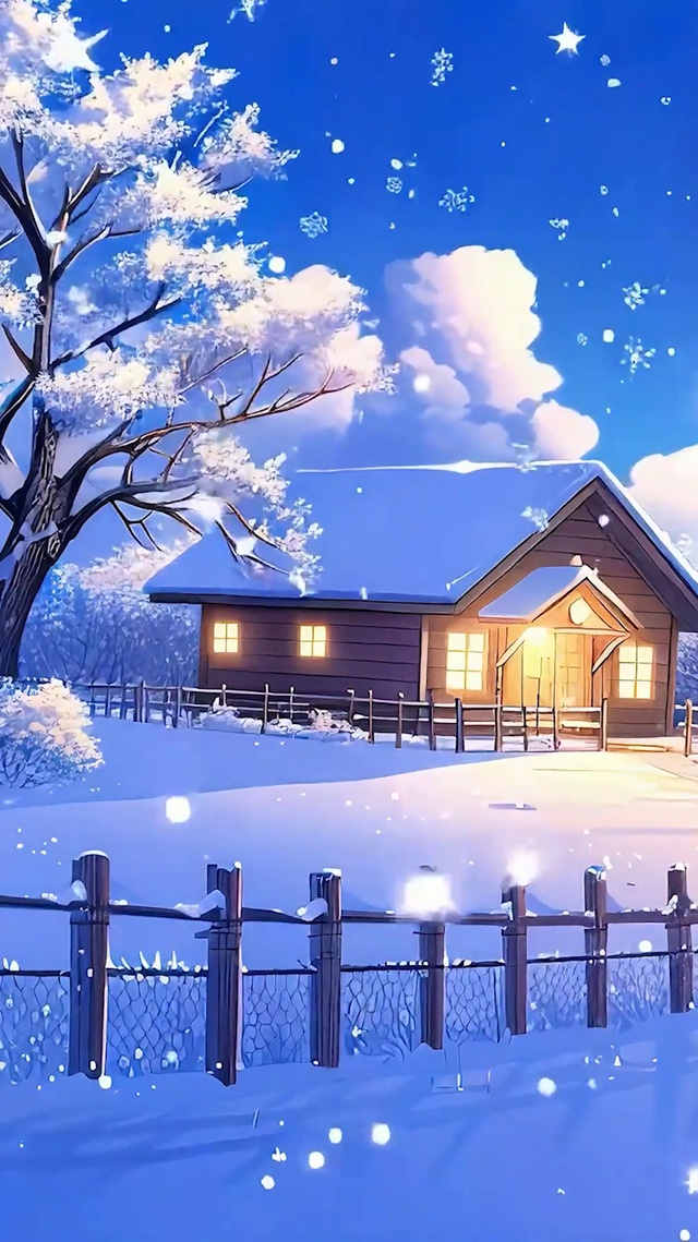 雪景树木房屋