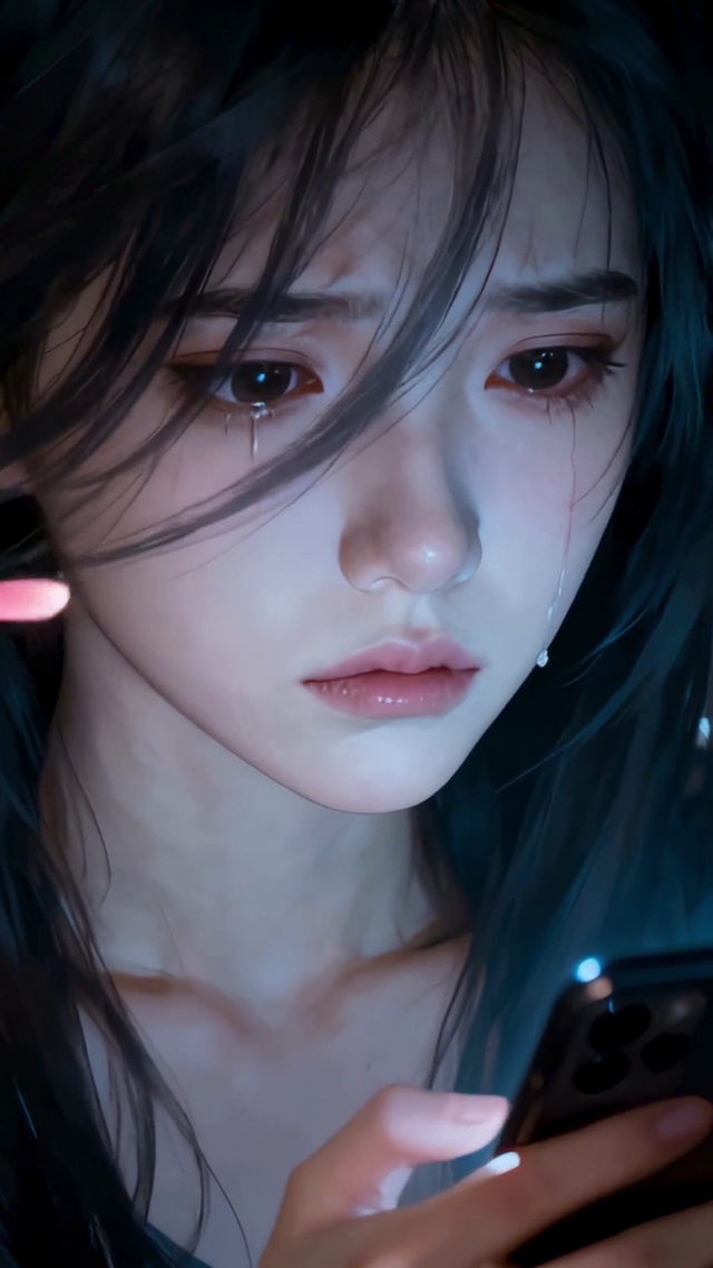 深夜失恋女孩看着手机默默流泪
