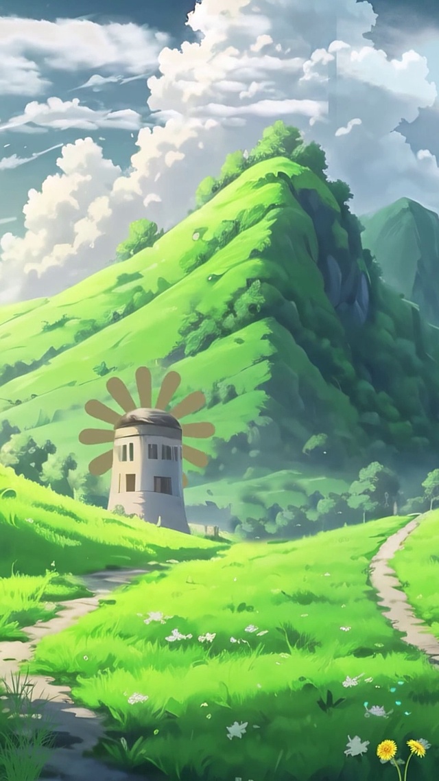 白云青山风车花草地