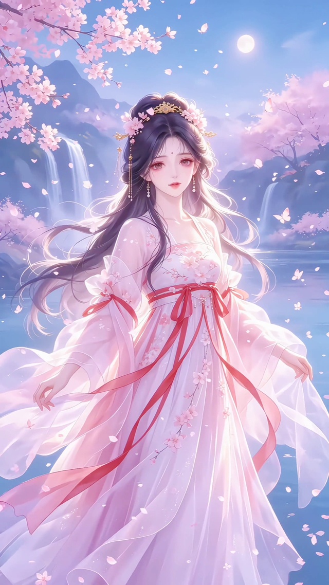 流水樱落月下美人