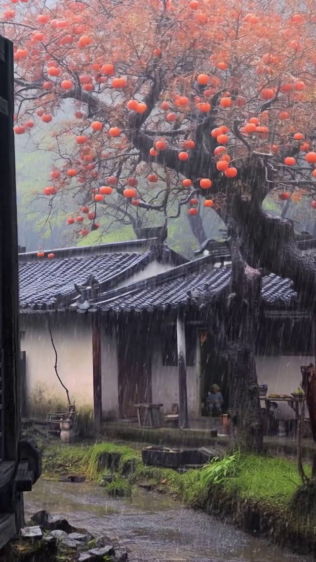 秋雨连绵，柿坐高台