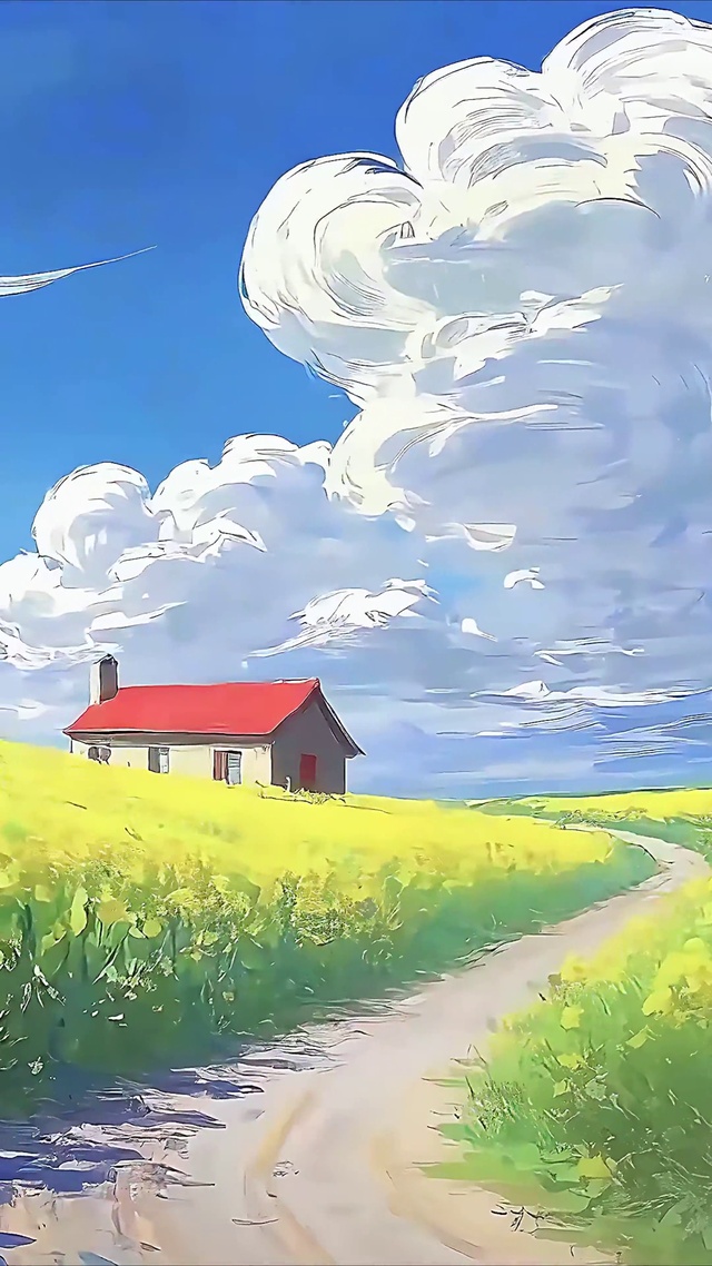 蓝天白云油菜花小路