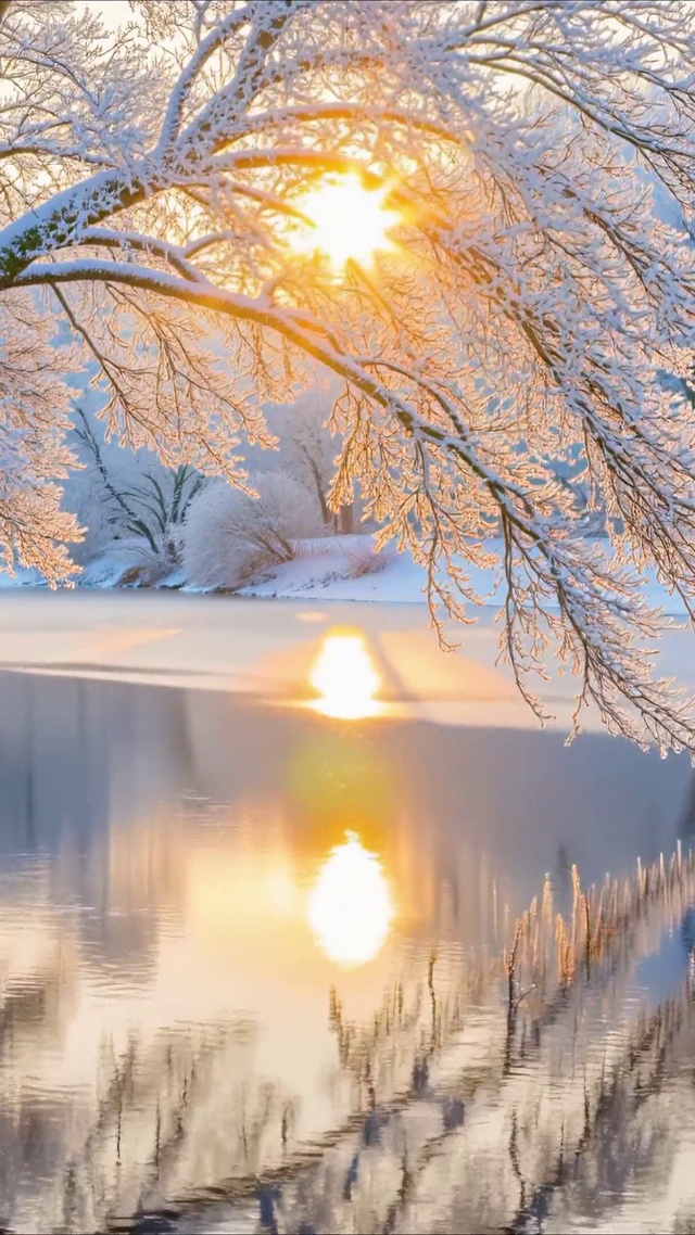 治愈雪景湖泊小溪
