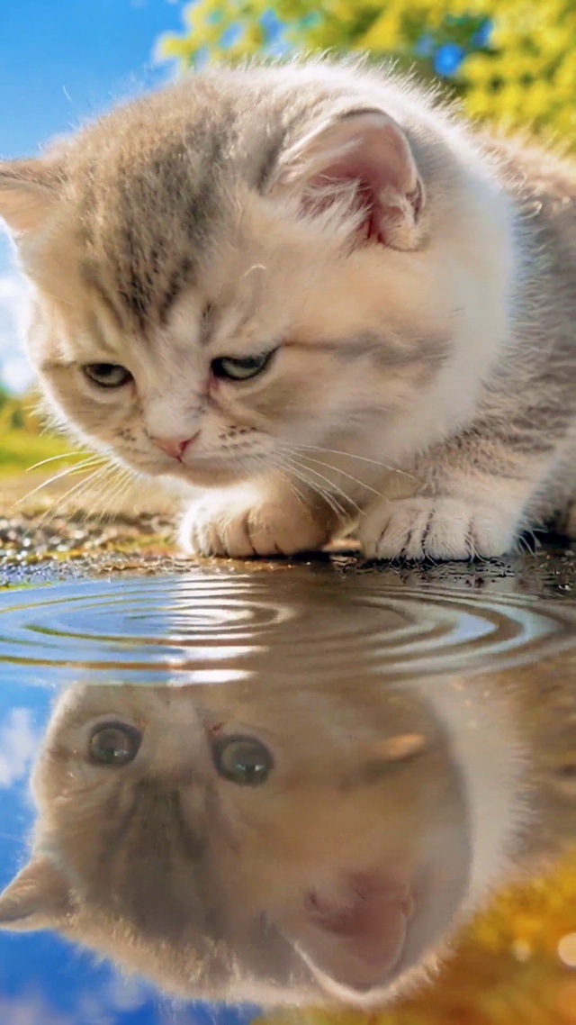 户外可爱小猫水洼倒影