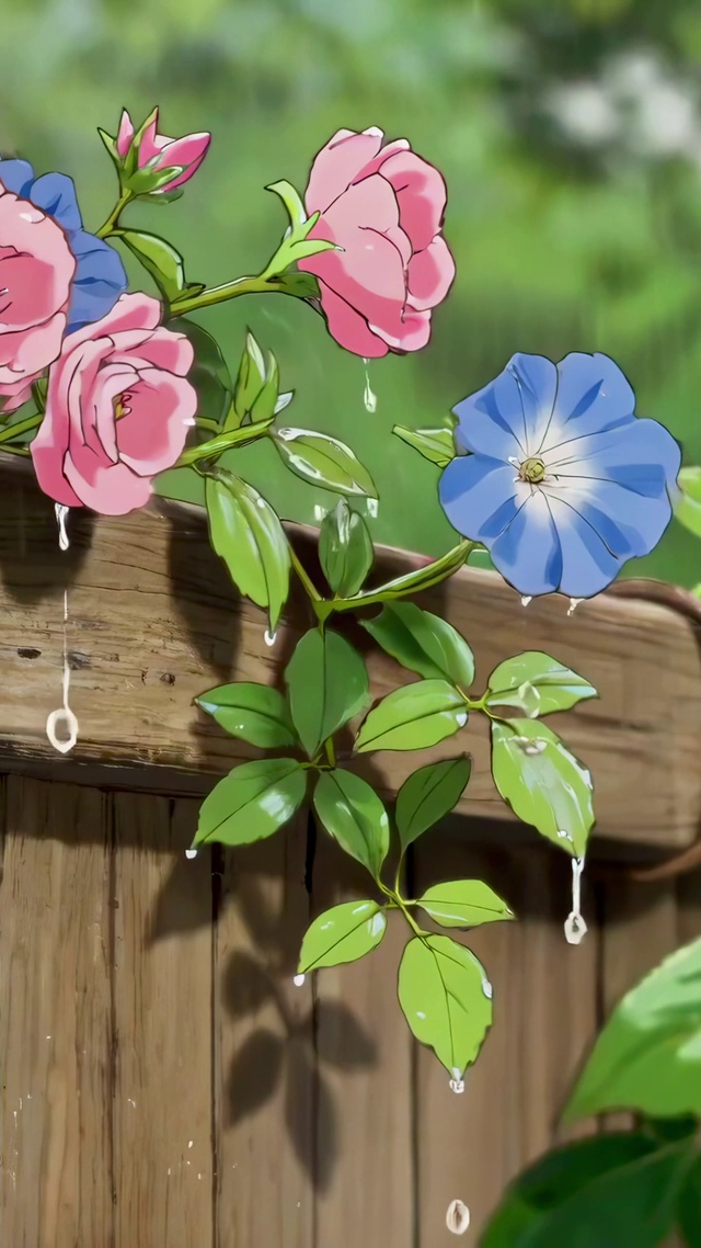 雨中木栅栏上的牵牛花
