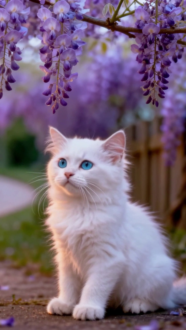 紫藤花下的蓝眼萌白猫