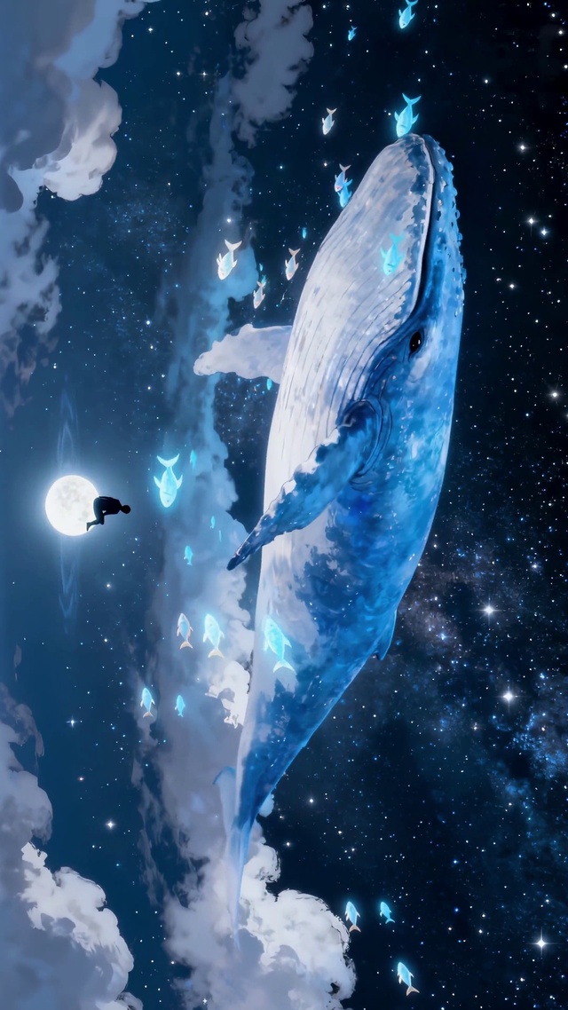唯美梦幻星河下的巨型鲸鱼游荡