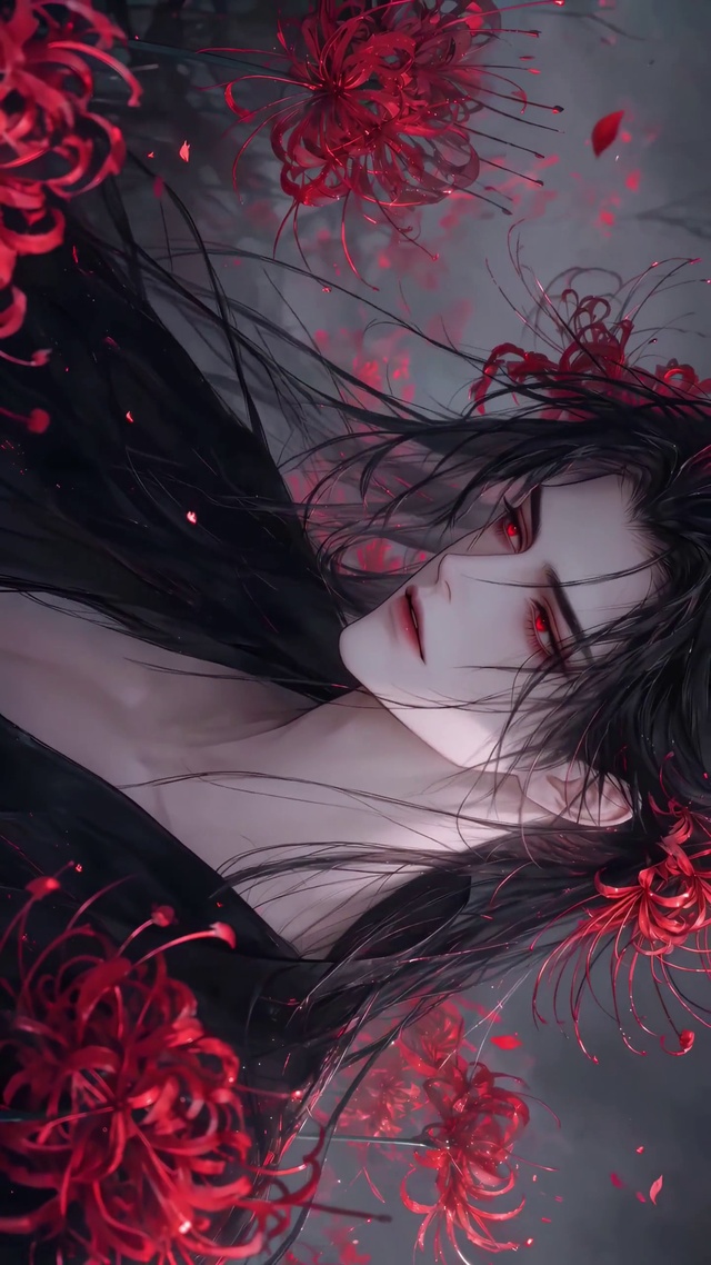 彼岸花丛黑衣美男