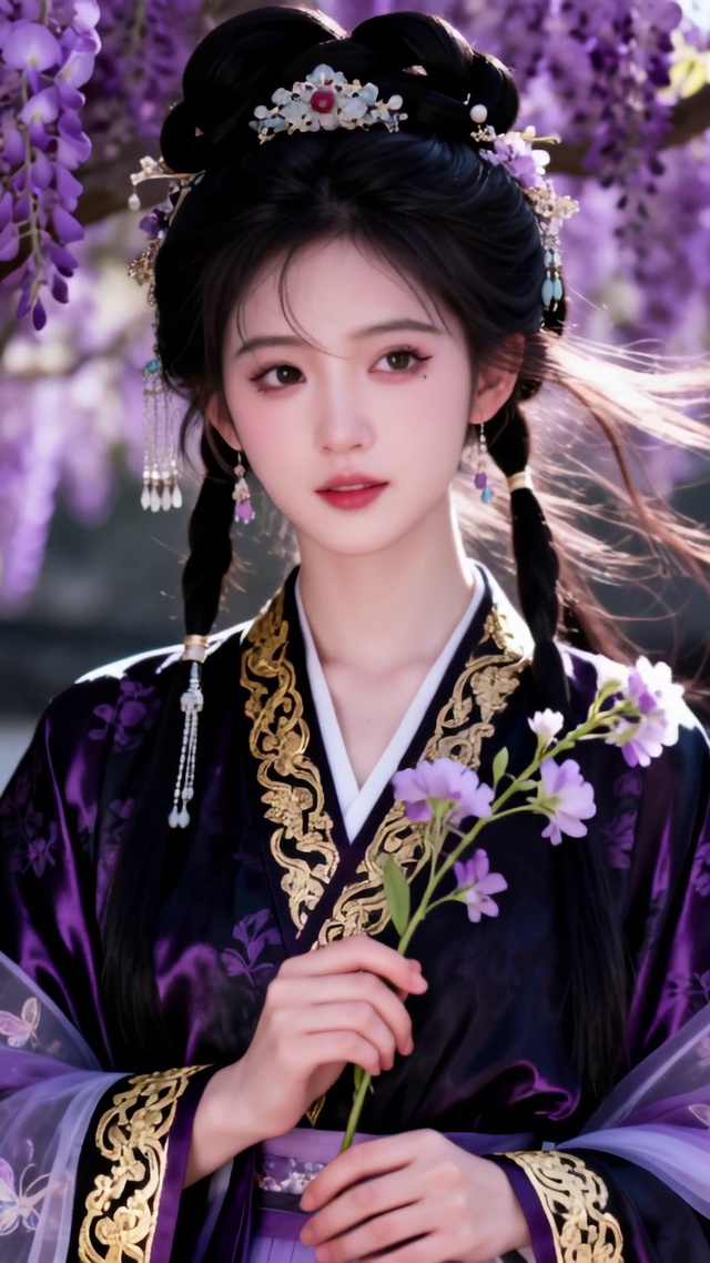 紫藤花下古装美女