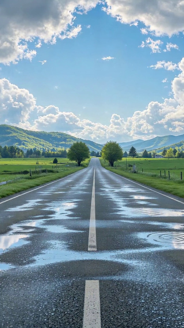 雨后乡间公路，云影映水洼