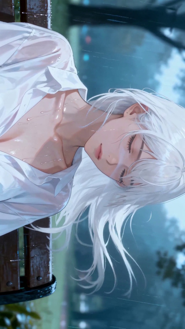 雨天公园长椅的银发湿衫少女