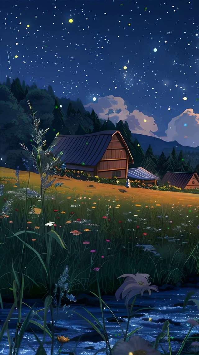 夜景树木房屋夜色