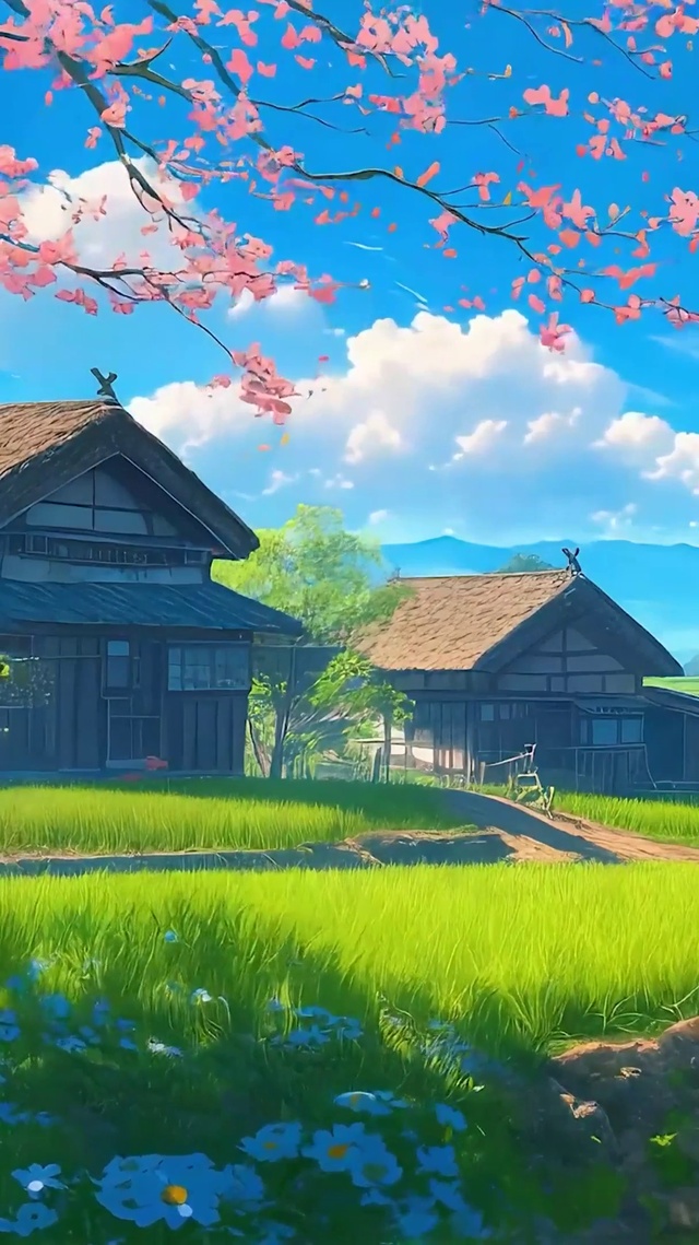 护眼白云树木房屋河流树木