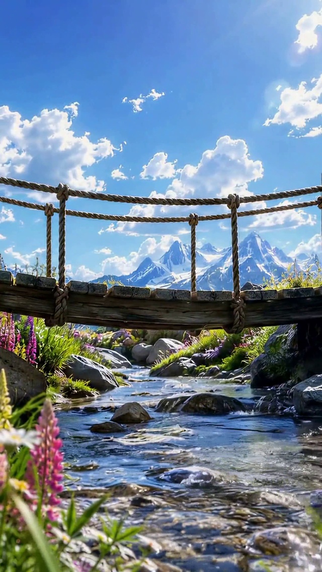 晴空花海溪流远山治愈风景