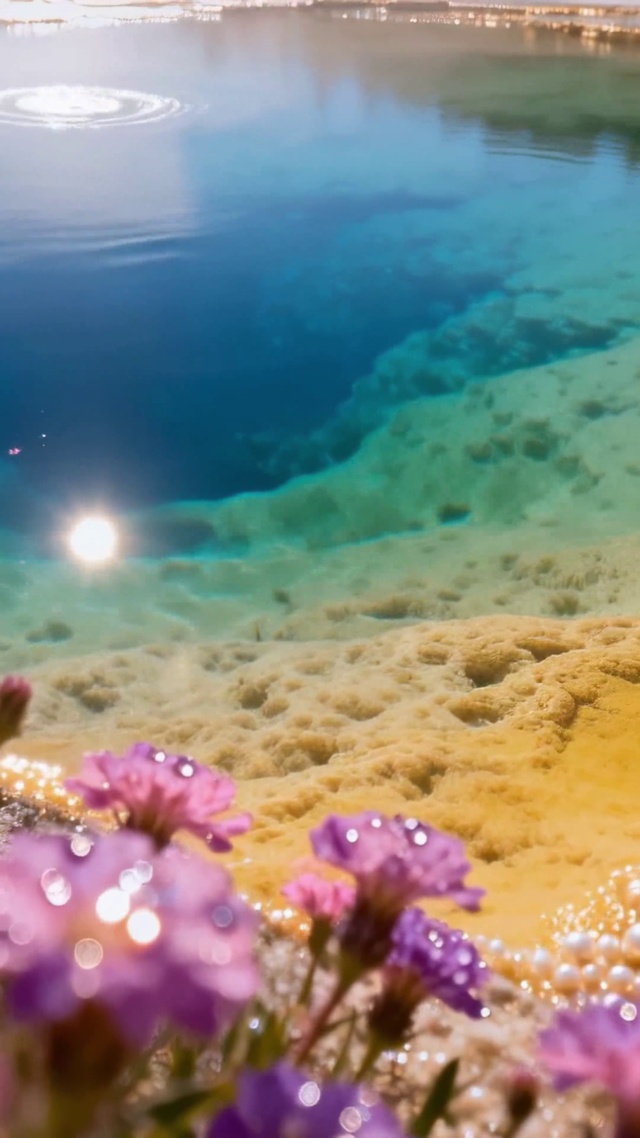 唯美蓝池粉花自然风景