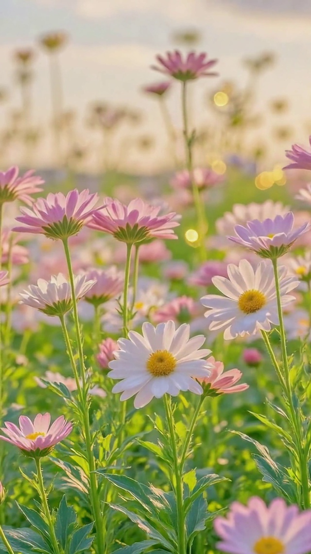 夕阳下的唯美雏菊花海