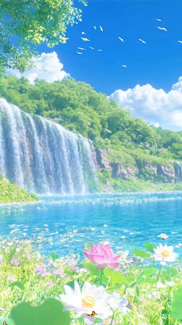 护眼白云树木河流